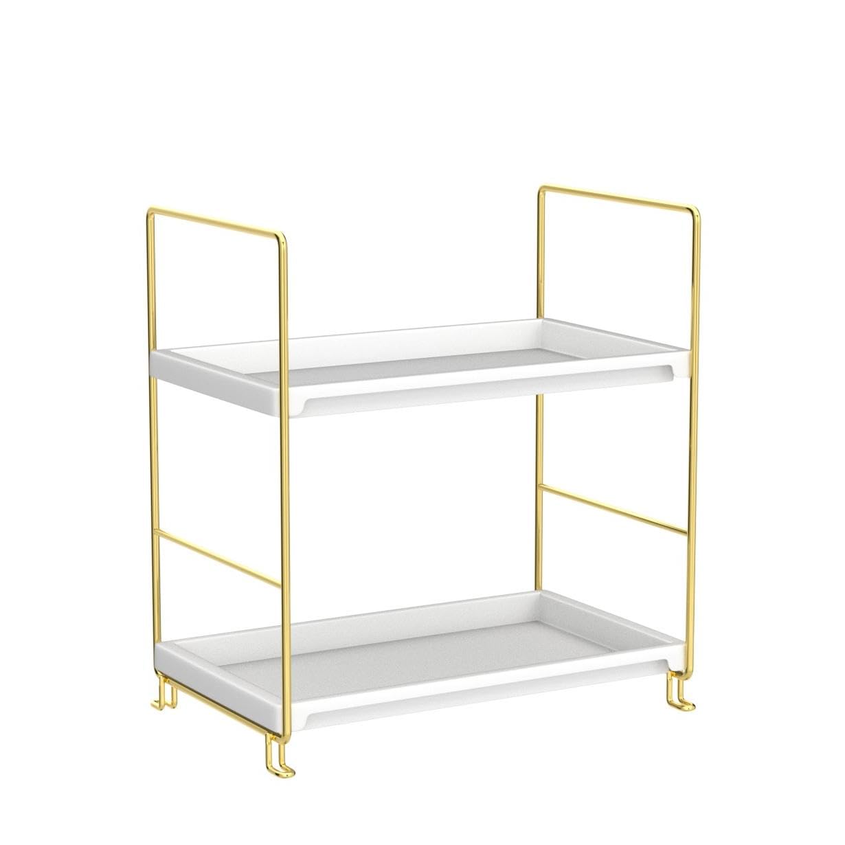 FSyueyun 2-Tier Bathroom Counter Organizer, Tool-Less Vanity Organizer for Skincare, Premium Plastic Bathroom Organizer Tray for Perfume & Cosmetics, （White & Gold）