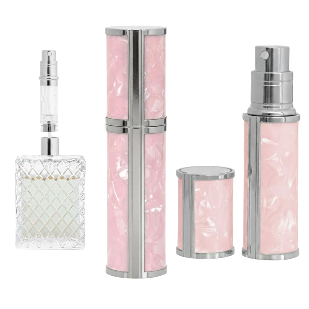 Ms Lovely Pearlescent Travel Perfume Atomizer Bottle – 5ml Refillable Mini Spray for Purse, TSA Approved Portable Fragrance Dispenser (Pink and Silver)