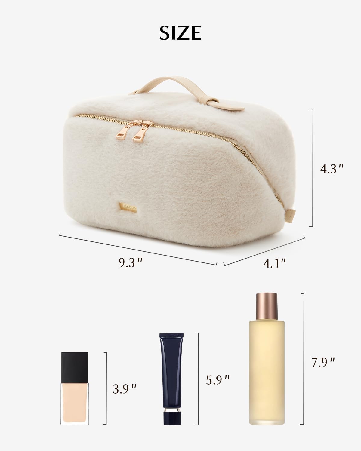EACHY Travel Makeup Bag,Cute Faux Fur Cosmetic Bag for Women,Portable 180°Wide-Open Flat Make Up Bag,Large Capacity Makeup Pouch Make Up Organizer with Divider and Handle