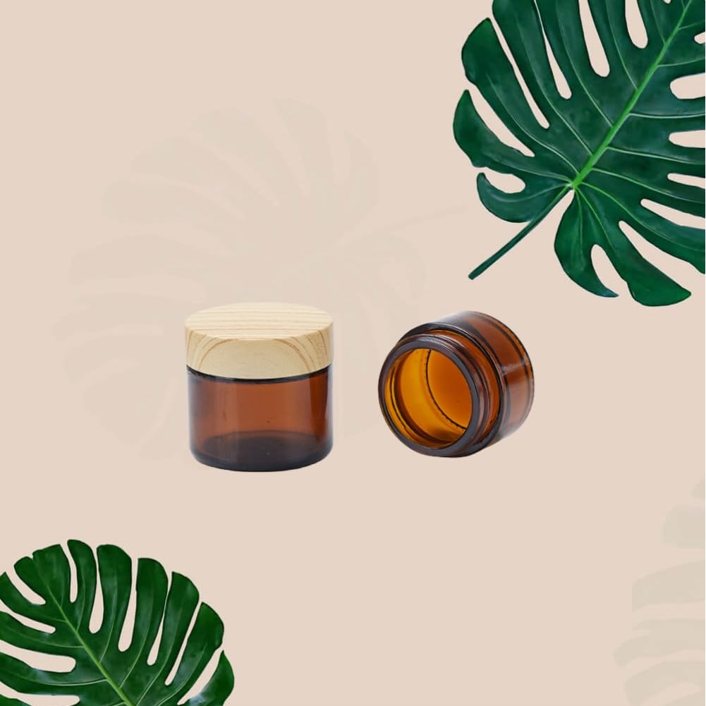 6 Pack 2 oz Amber Glass Cream Jar with Wood Grain Lids,60g Empty Refillable Cosmetic Containers Jar for Cream,Sample,Powder,Lotion,Body Butter,Ointments,Small Glass Jars Travel Containers