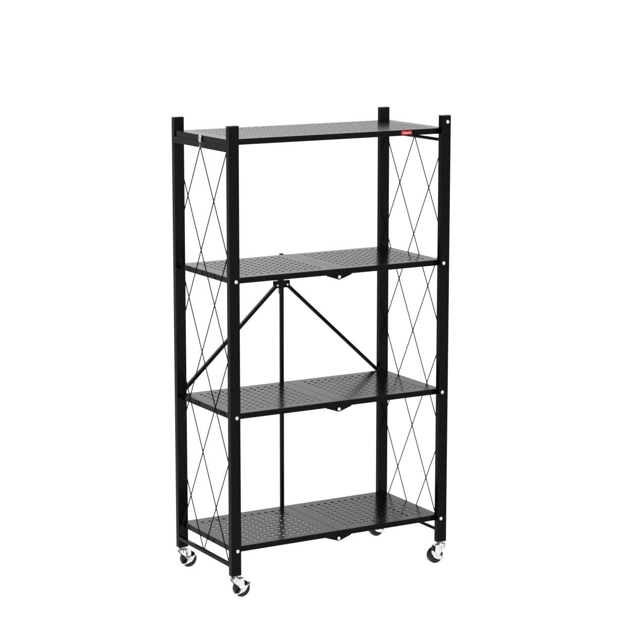 DEANIC 4 Tier Foldable Storage Shelves with Wheels, No Assembly Organizer Rack for Garage Kitchen, Basement, Pantry,Perfect for Craft Shows & Vendor Events(Black)