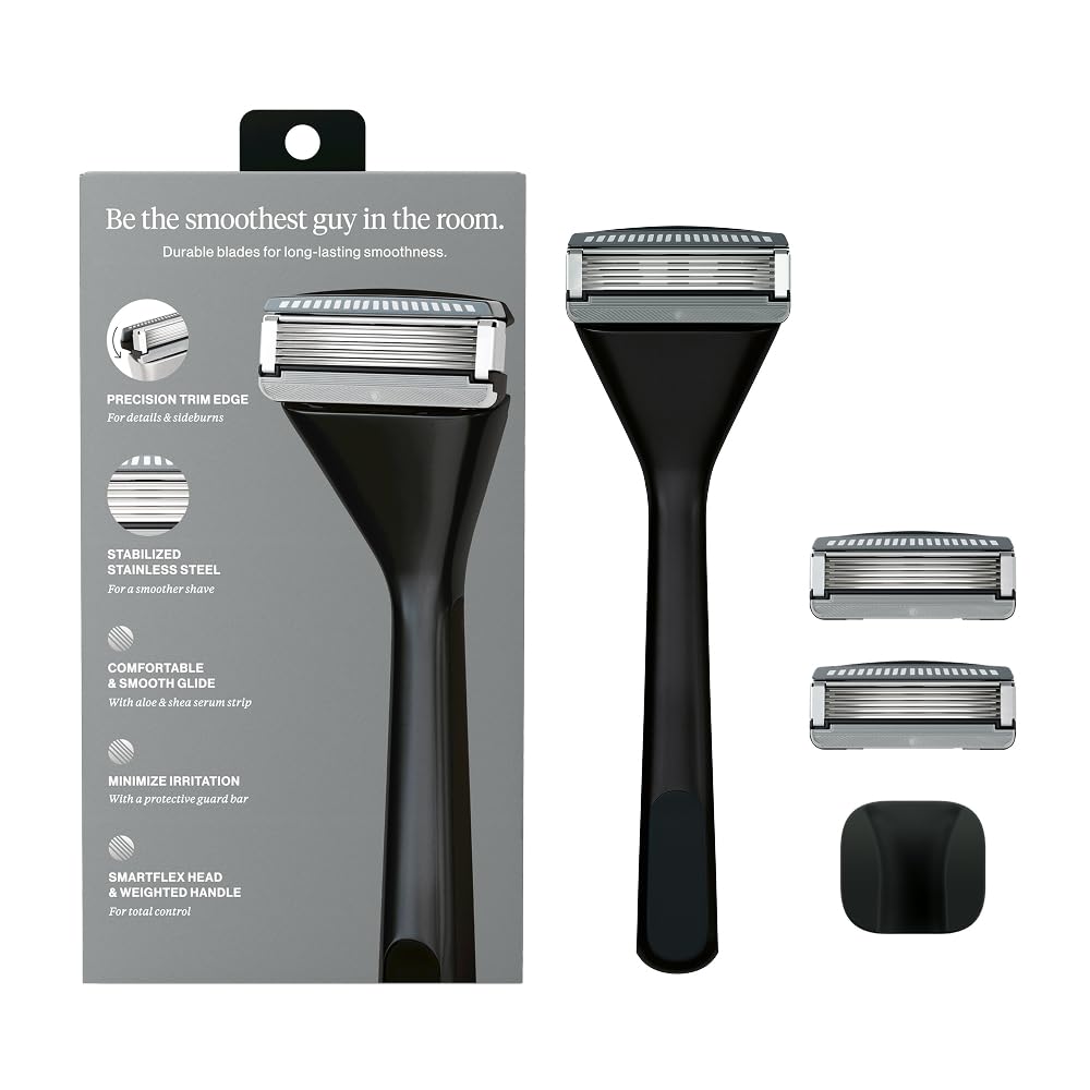 House of Atlas, Razors for Men - Mens Razors for Shaving with Handle, 2 Razor Blade Refills, & Shower Hook, 5-blade Precision Trim Edge, Smooth Close Shave, Reusable Razor for Men (Matte Black)
