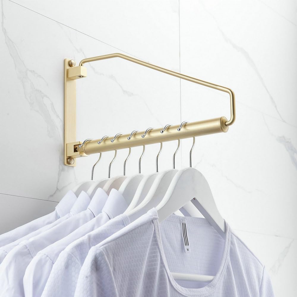 Hiendure Folding Clothes Hanger Gold Brushed Drying Clothes Rack Wall-Mounted Space Saver for Laundry Room Closet, Brass, 12 Inch