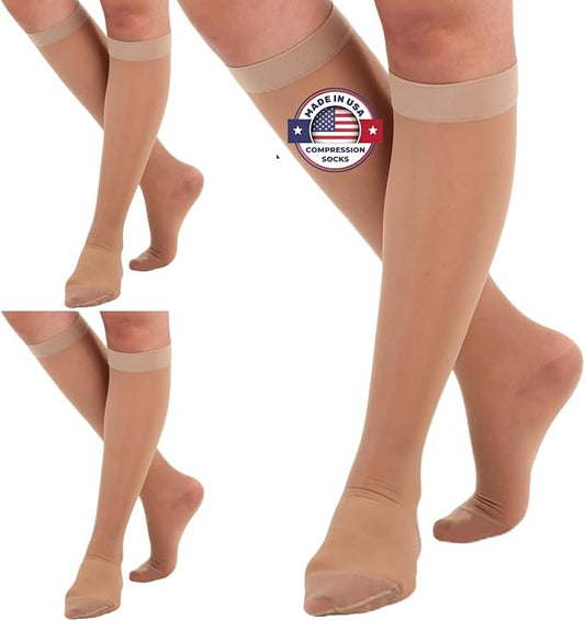 (3 Pairs - Closed Toe) Made in USA - Compression Socks for Women 15-20mmHg - Sheer Compression Knee High Stockings for Post Surgery, Pregnancy, Arthritis, Edema - Natural, Large - A101NA3-3