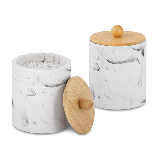 Tonxus Bathroom Qtips Jars with Lid,Vanity Cotton Swab Holder,Resin Apothecary Dispenser Container,Marble Makeup Sponges Canister,Bath Salts Storage Organizer Box (Marble White with Bamboo Lid of 2)