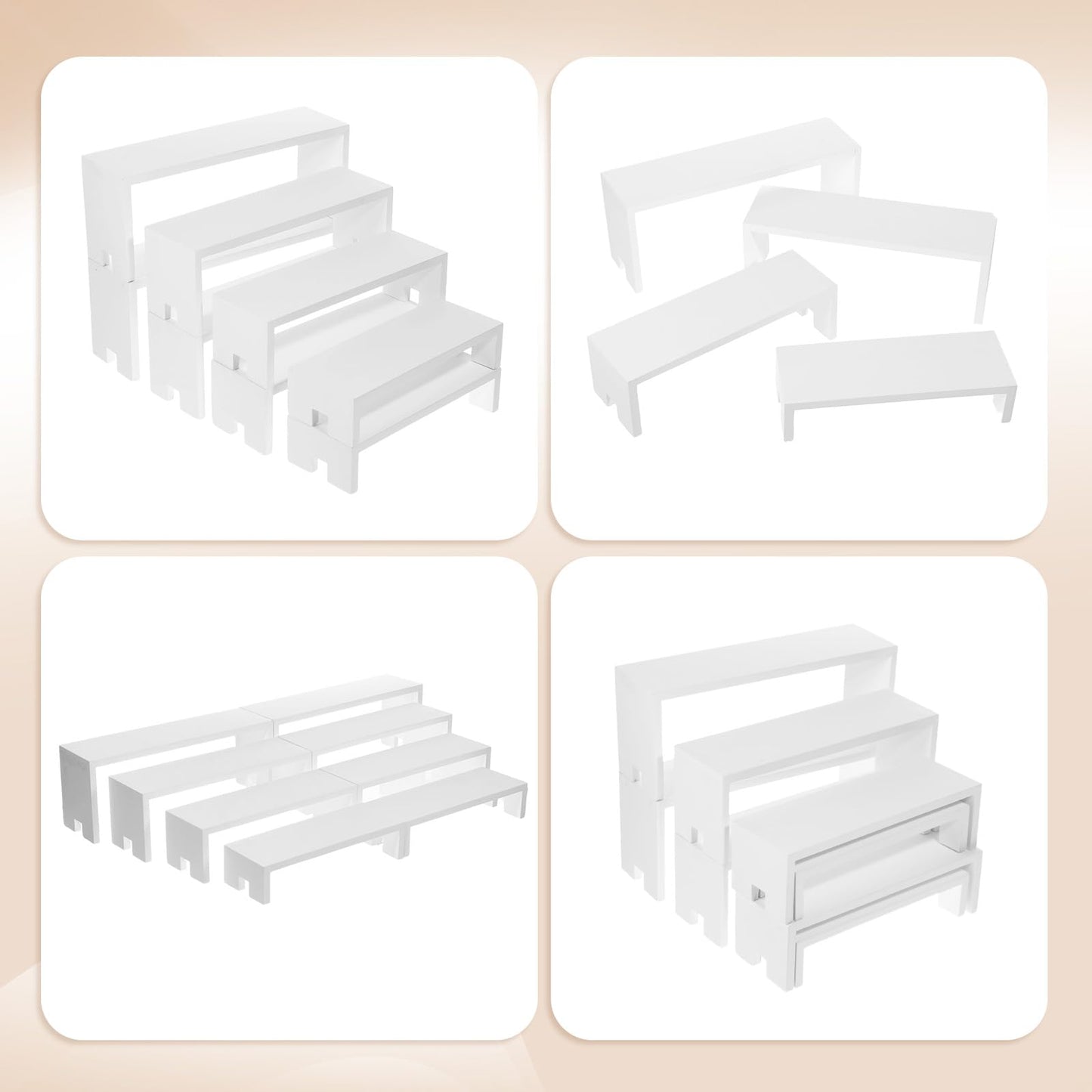 2 Set Large White Display Risers Wooden Tiered Risers Stand 4 Tiered 8Pcs Wood Display Riser Set Layered Aesthetic Shelves Stackable Wooden Cupcake Stand Racks Cupcake Stands Perfume Displays Stands