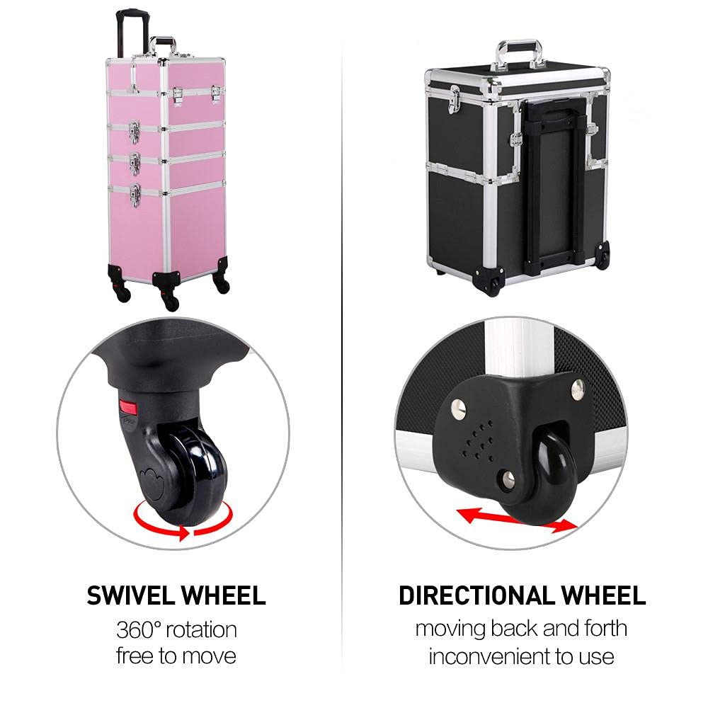 Topeakmart 4 in 1 Professional Makeup Rolling Case, Large Aluminum Cosmetic Train Case, Makeup Tavel Case Travel Beauty Organizer - Pink - with Removeable Wheels