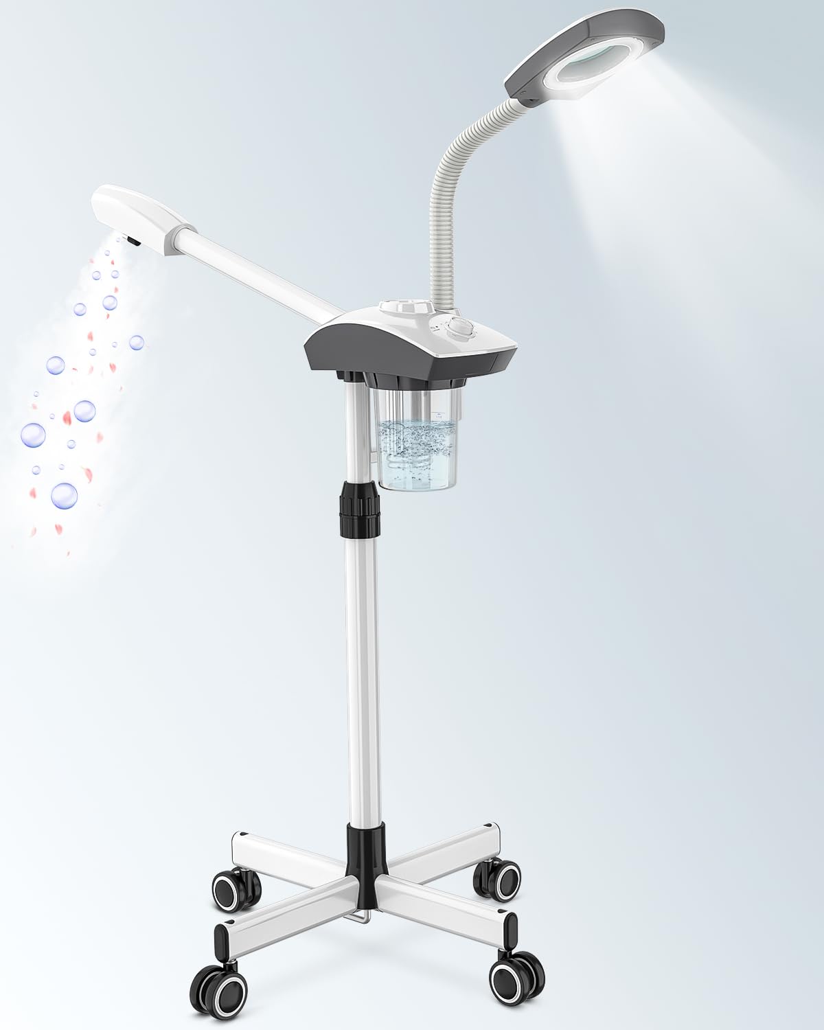 Kingsteam Professional 2-in-1 Facial Steamer with 5X Magnifying Lamp, Salon Grade Hot Mist Esthetician Device, Adjustable Timer, 2 Steam Levels, 3-Level LED Light, White