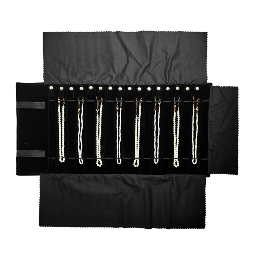 SCIKHEFT Portable Jewelry Roll Untangled Secure Necklace Travel Storage Bag Displays Holder 16 Chain (Black Diamond)