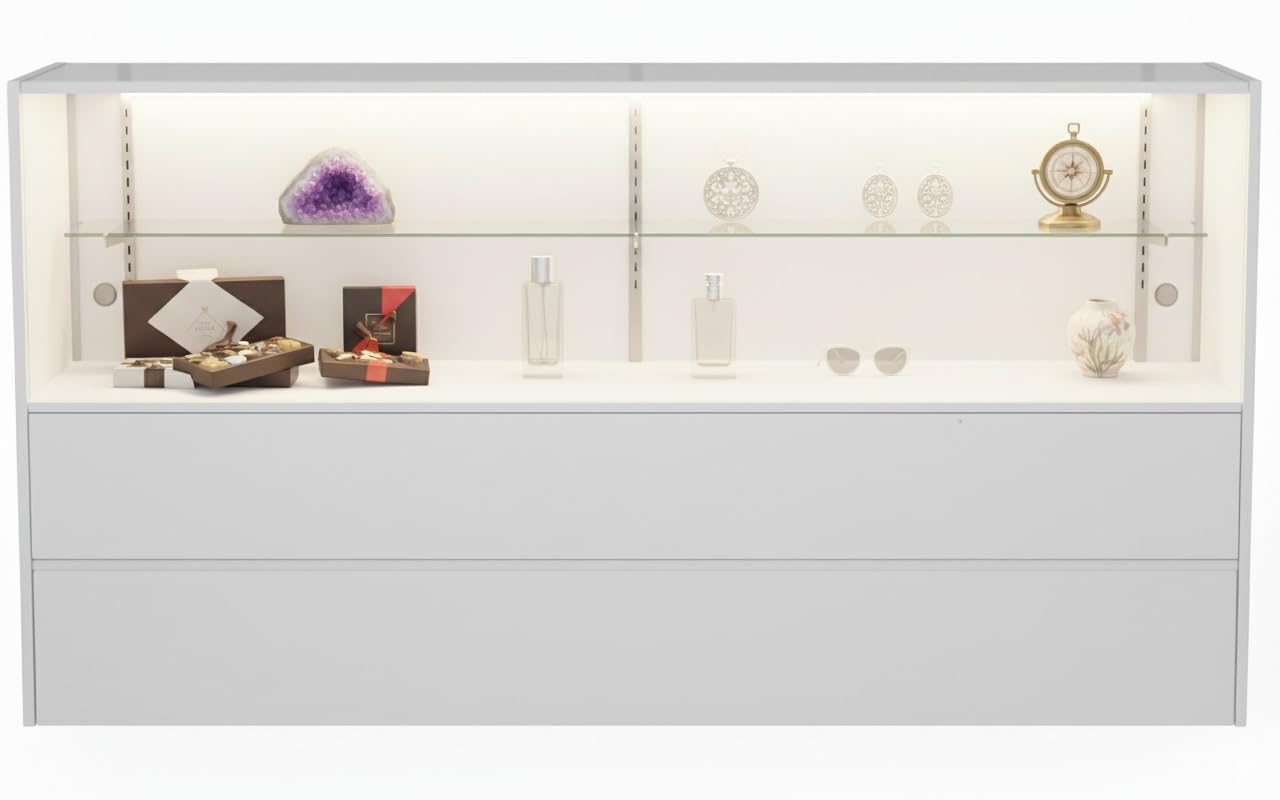 WISDOMFUR 6ft White Display Showcase Cabinet with LED Lighting – Half Vision Glass Display Case with Sliding Locking Doors & Storage Shelves for Retail Stores, Boutiques & Exhibits