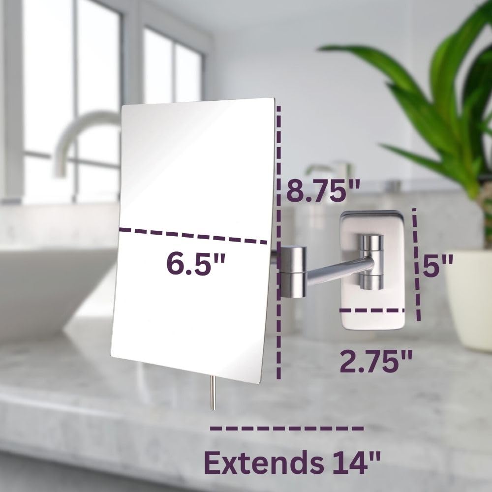 JERDON 8.75-Inch x 6.5-Inch Wall Mount Makeup Mirror - Personal Mirror with 5X Magnification & 14 inch Wall Extension - Nickel Wall Mount Arm - Model JRT695N