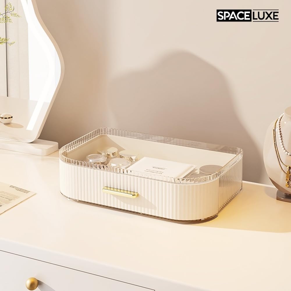 SpaceLuxe Makeup Organizer with Drawers and 360° Rotating Brush Holder, Large Capacity Cosmetic Storage for Vanity, Skincare, Perfume, Hair Accessories, Lipstick & Jewelry (Cream White, 2-layer)