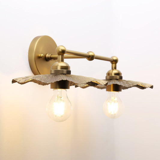JIMUBEAM 2-Lights Industrial Metal Wall Sconces, Antique Brass Flower Rippled Shade Wall Light Fixture for Bathroom Vanity, Bedroom, Dining Room, Living Room, Farmhouse, Stairs, Hallway