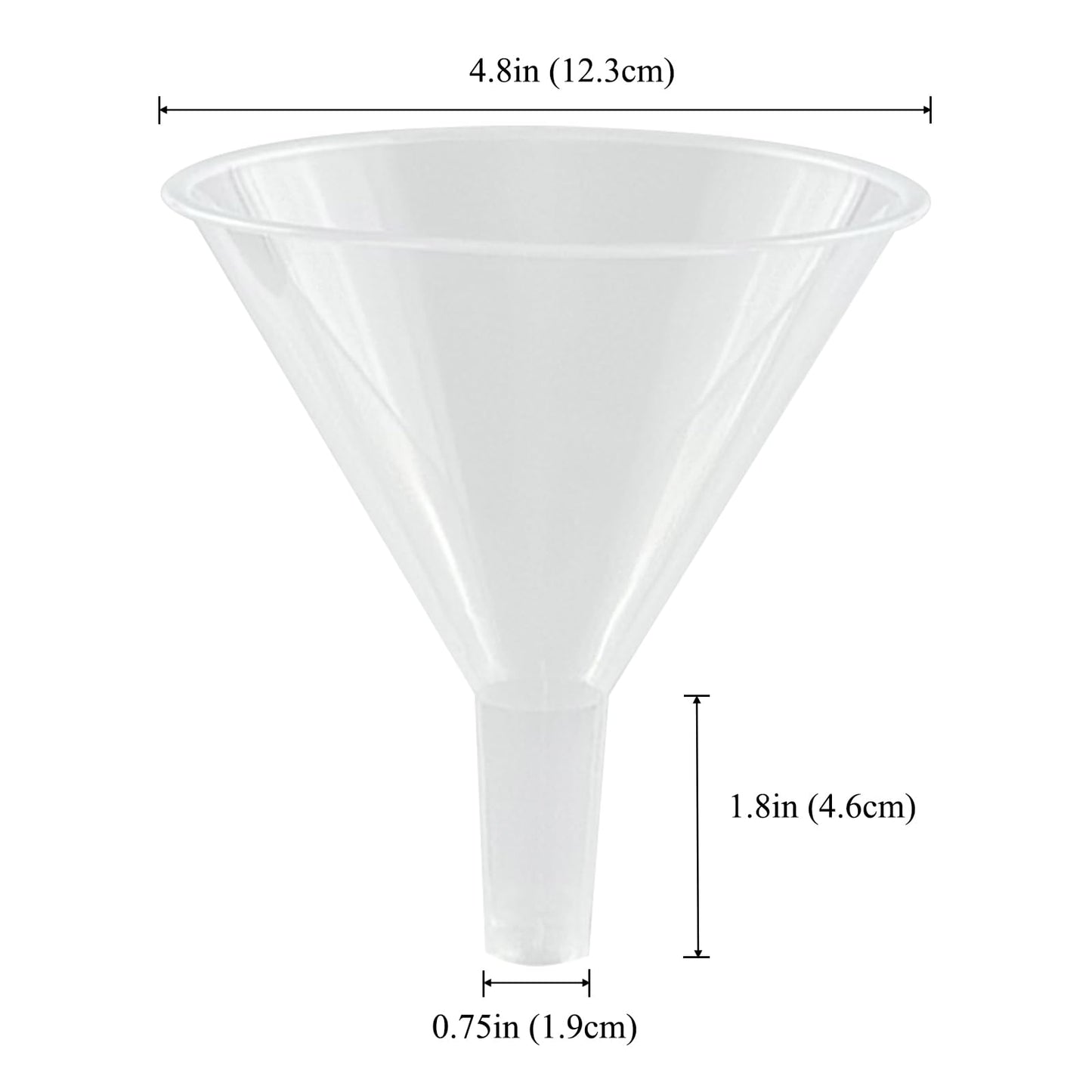 Neehows 10 Pack Clear Plastic Funnels with 4.8" Wide Mouth & 0.75" (1.9cm) Spout - BPA-Free, Heat-Resistant for Kitchen, Science Labs, Oil Changes, DIY Crafts