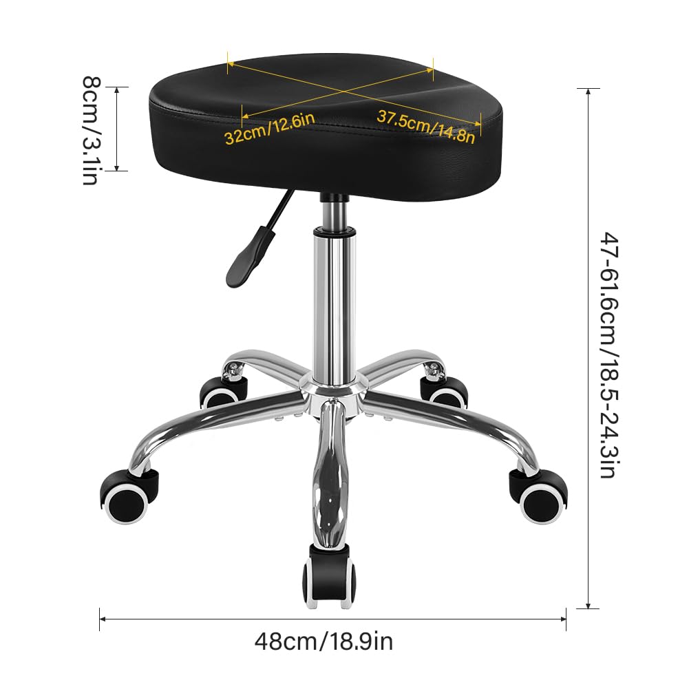 WKWKER Saddle Stool Height Adjustable Rolling Stool with Wheels 360 Swivel Drafting Chair PU Leather Saddle seat for Home Office Lab Drafting Counter Kitchen Salon Barber Shop Vanity Desk (Black)