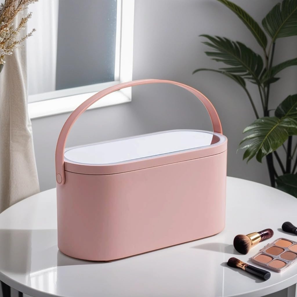 HPYDIY Travel Makeup Organizer Box with LED Mirror, Portable Makeup Case Touch Switch Home Cosmetic Box Jewelry Organizer Birthday Valentine's Day Gift for Women Girls,Pink
