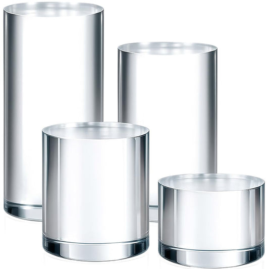 Hacaroa 4 Pcs Acrylic Cylinder Risers Display Stand, Clear Polished Round Display Blocks Transparent Photo Props, Mini Solid Pedestal Base for Jewelry, Perfumes, Figurines, 4 Sizes
