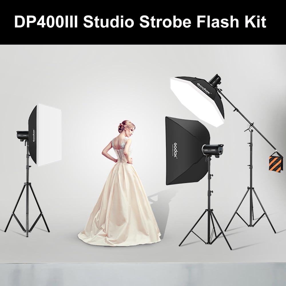 Godox 3Pack DP400III 1200W Studio Strobe Flash Lighting Kit with 3* Light Stand 3* Grid Softbox 1 * 5-in-1 Reflector 1* Bag for Portrait Photography Studio Shooting
