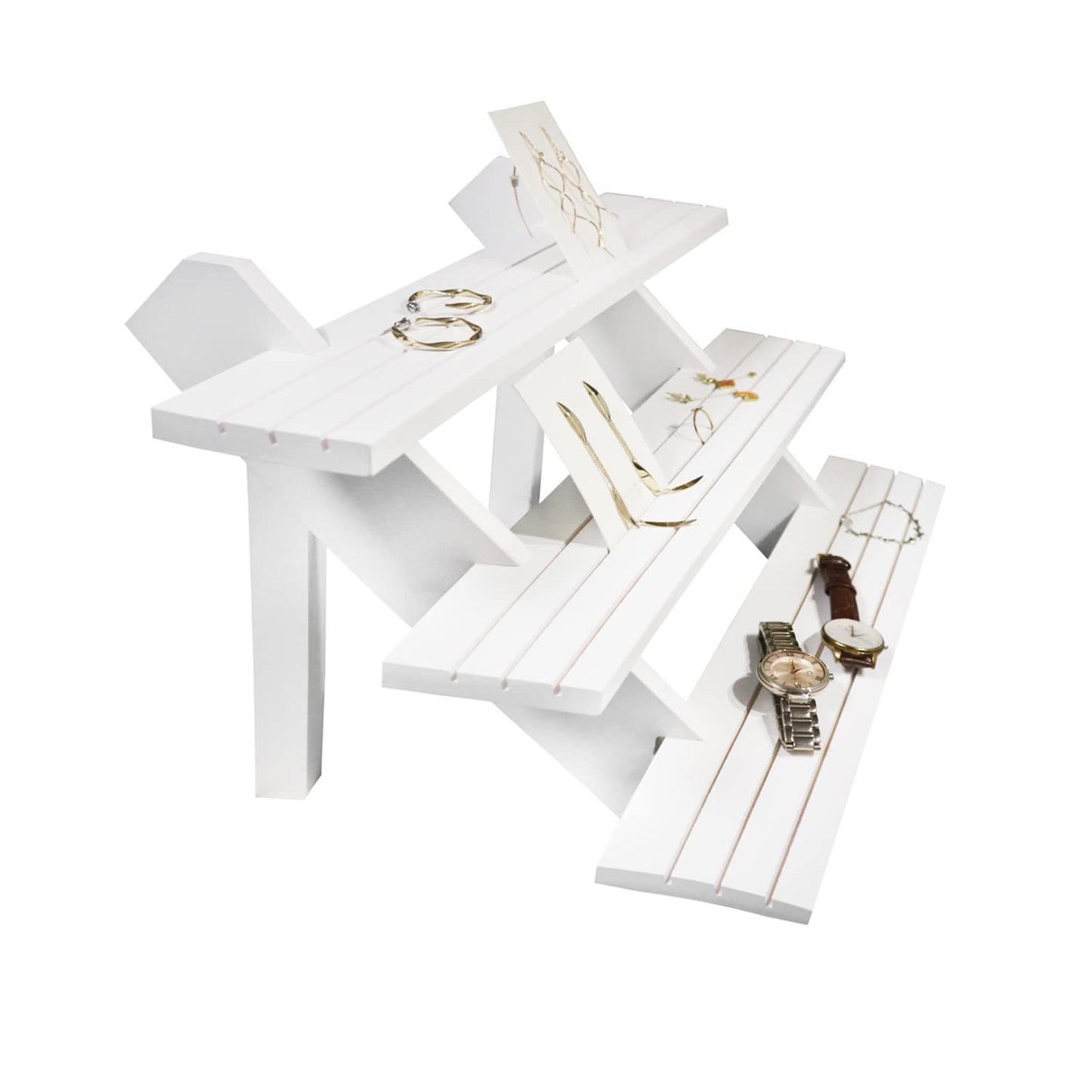 NAJMECHOY Retail Display Riser Earring & Ring Holder Brown Wood Stand Storage Shelf Rack Jewelry Rack Desktop Display Cup Rack Simple Frame (3-Tier-White)