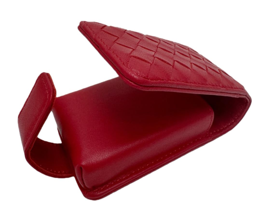 AgentMoon Luxury Handheld Lipstick Pouch with Mirror,Genuine Leather Lip Balm Case with Clamshell Magnetic Hidden Clasp and Hook for Chain.Portable Travel Cosmetic Case for Women Gift. (Red Woven)