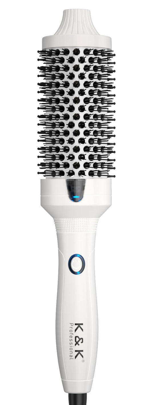 K&K Thermal Brush, White 1.77 Inch Heated Round Brush, Professional Heated Curling Ceramic Tourmaline Ionic Curling Iron, Hot Styling Volumizing Comb, Dual Voltage
