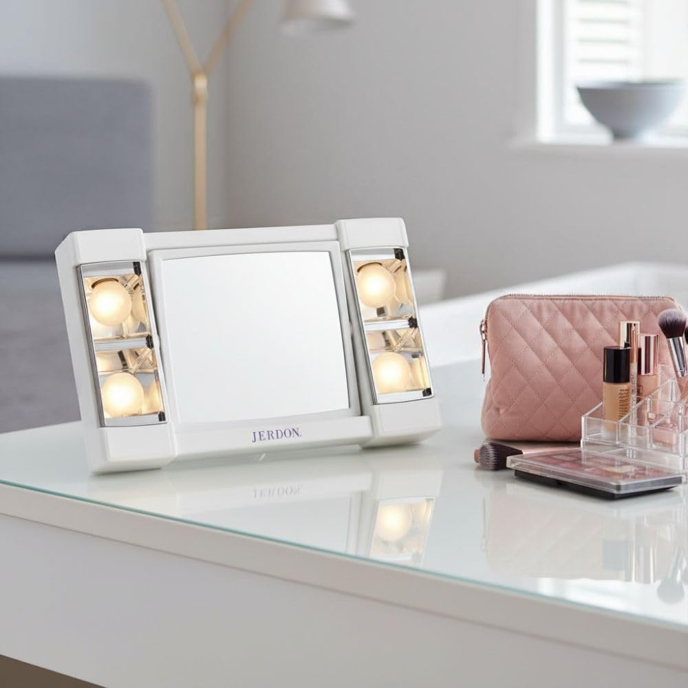 JERDON Two-Sided Makeup Mirror with Lights - Vanity Mirror with 3X Magnification & Glare-Free Lighting - White Base - Model J1010
