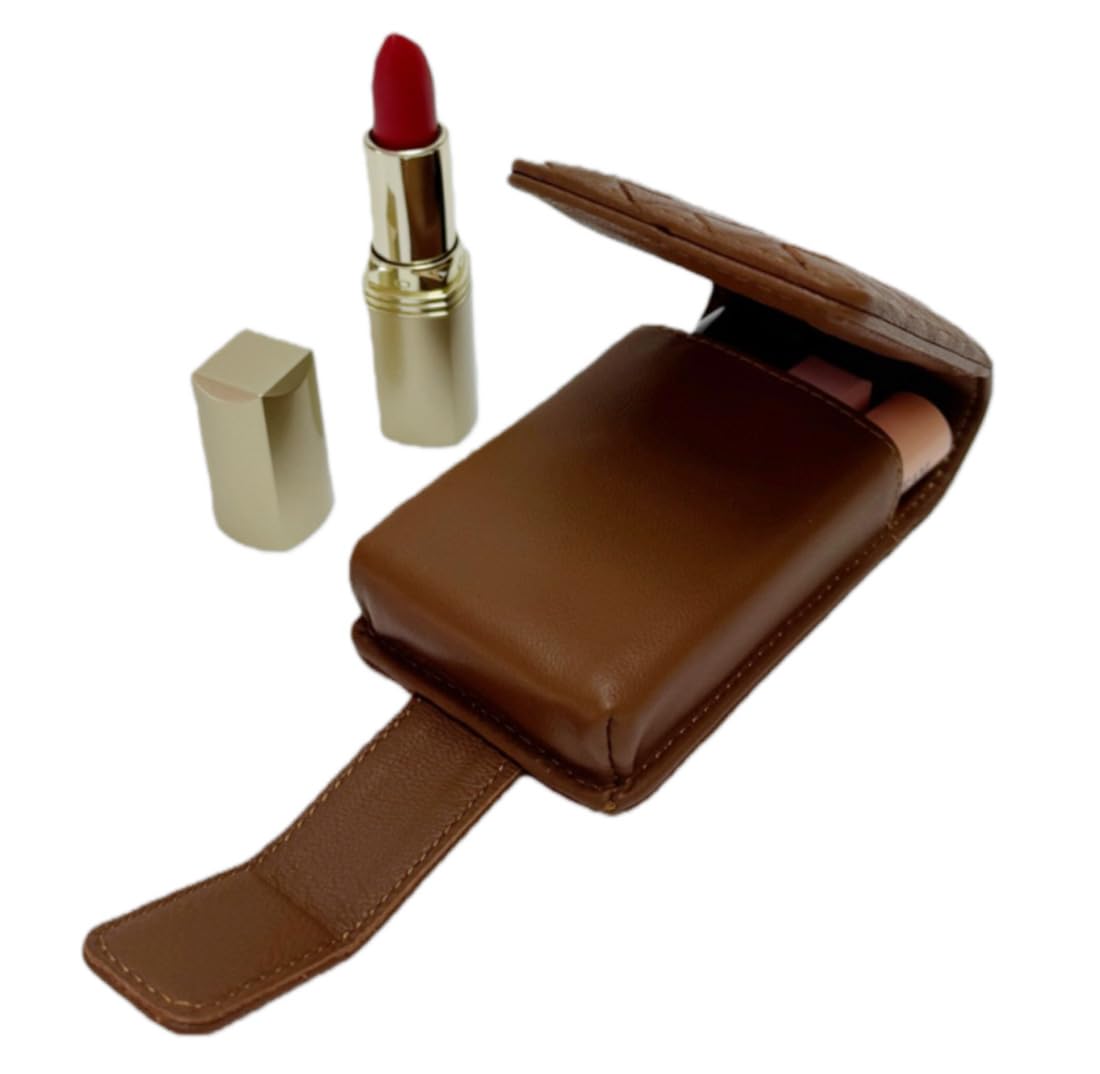 AgentMoon Luxury Handheld Lipstick Pouch with Mirror,Genuine Leather Lip Balm Case with Clamshell Magnetic Hidden Clasp and Hook for Chain.Portable Travel Cosmetic Case for Women.(Light Brown Woven)