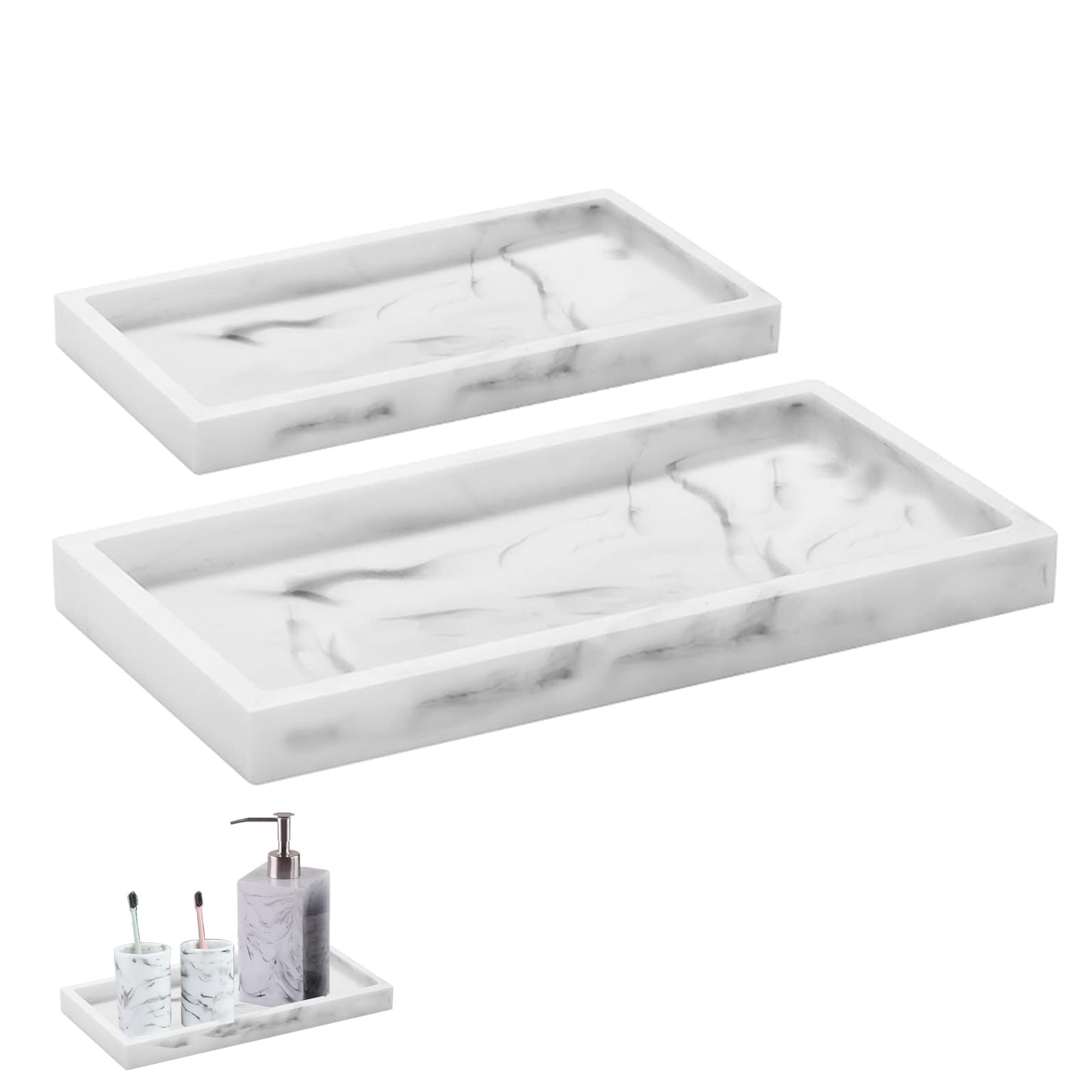 BiSUAN 2 Packs Silicone Bathroom Vanity Tray Large 11.8" ＆ Small 7.8" Set - Rectangle Shatterproof Flexible Bathroom Tray for Soap Dispenser, Tissues, Candles, Towel, Plant, Perfume Key