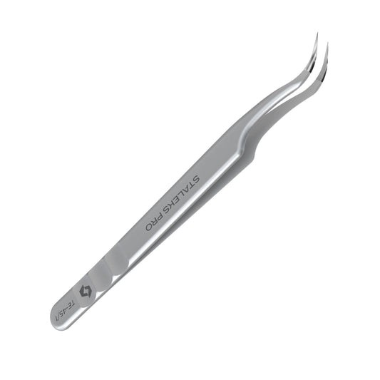 STALEKS PRO Expert 45 Type 1 Professional Eyelash Tweezers (Curved) – Stainless Steel with Nano-Notches for Volume & Mega-Volume Lash Extensions
