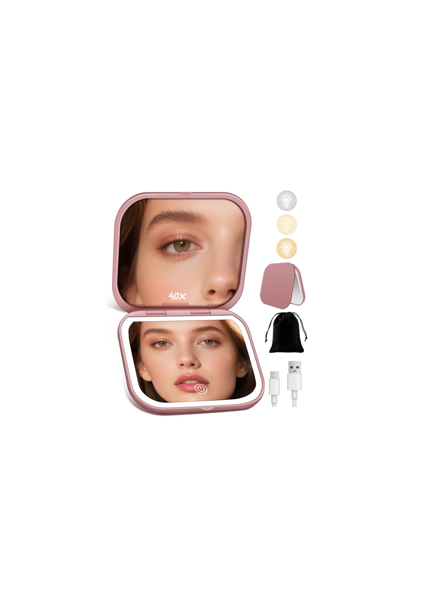 SisKokoro Magnifying Mirror with Light, Rechargeable 40X Compact Mirror with 3 Lighting Modes & Dimmable Brightness, Portable Travel Makeup Mirror with Light, Essentials for Travel, Pocket Purse Rose