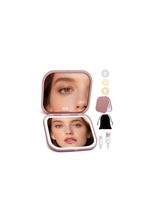 SisKokoro Magnifying Mirror with Light, Rechargeable 40X Compact Mirror with 3 Lighting Modes & Dimmable Brightness, Portable Travel Makeup Mirror with Light, Essentials for Travel, Pocket Purse Rose