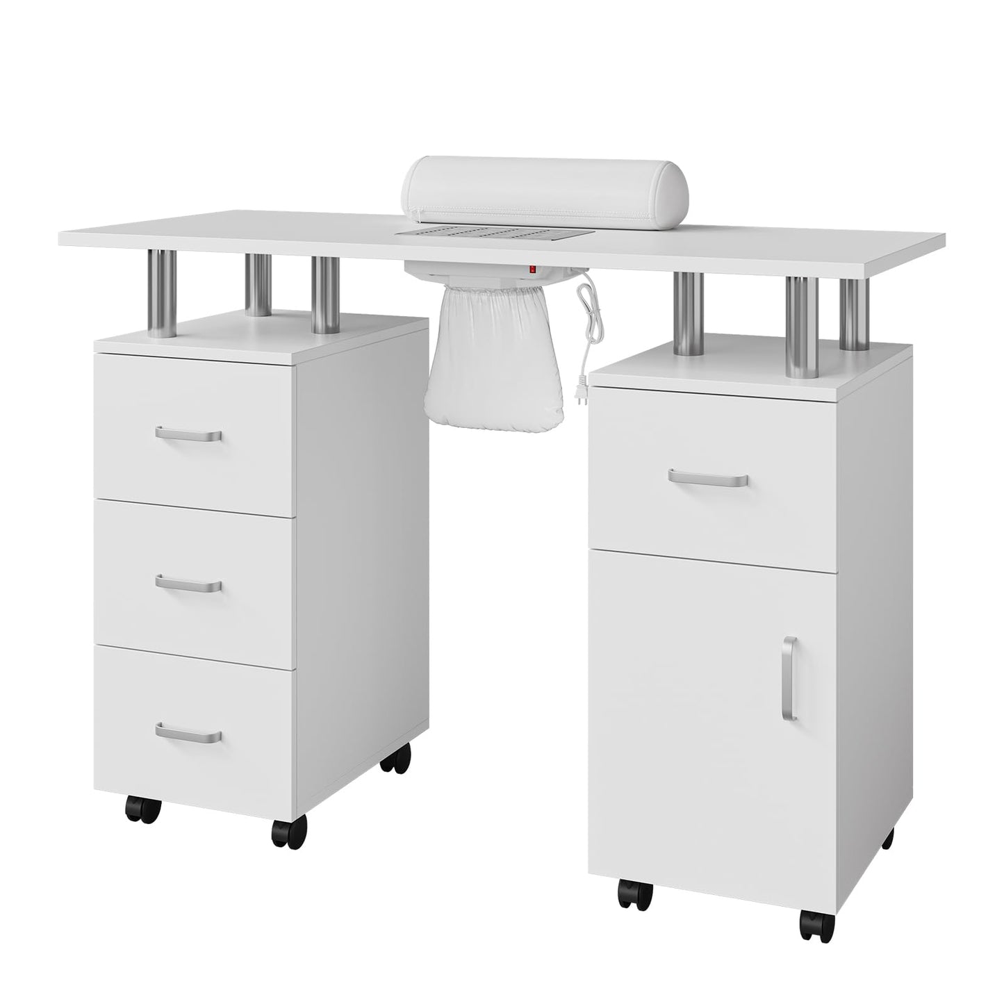 GAOMON Manicure Table with Dust Collector and Hand Rest for Makeup Beauty Spa Salon Station - Nail Desk for Nail Tech with Storage Cabinets Arm Rest, 4 Drawers and Lockable Wheels