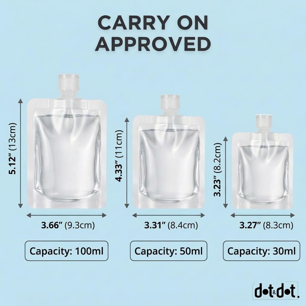 Travel Pouches for Toiletries, 13 Pack TSA Approved Refillable Travel Liquid Pouches, Flat Travel Bottles for Toiletries, Reusable 3oz Portable Containers with Funnel, Labels & Clear Carry On Bag
