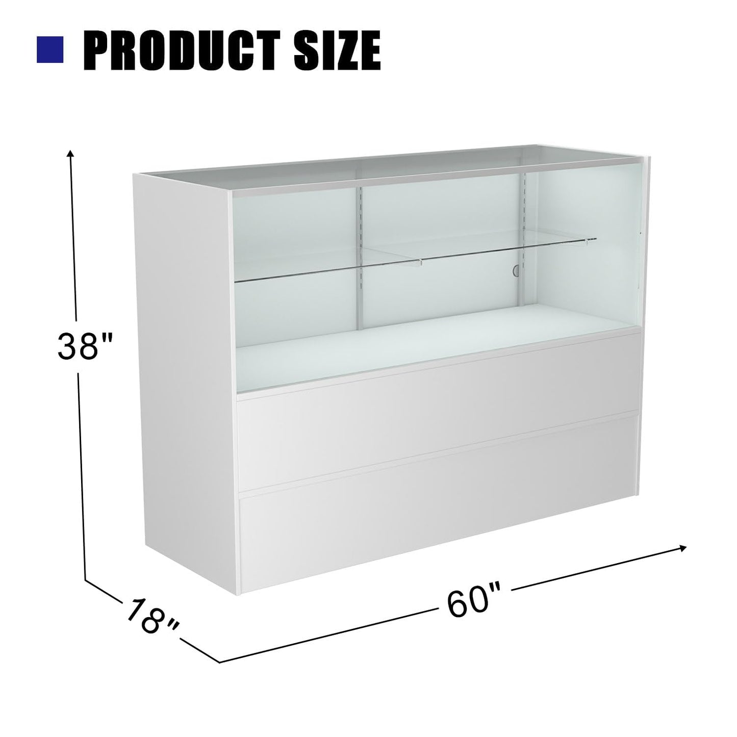 60" W x 18" D x 38" H - White Full View Retail Display Case, Illuminated Glass Display Cabinet with Adjustable Glass Shelves and Storage Space, Suitable for Retail and Collectible Display