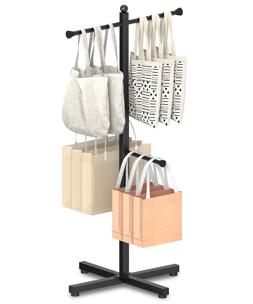 Ansionsol 42-48 Inch Adjustable Height Shopping Bag Rack, Heavy Duty Metal T-shaped Grocery Bag Holder for Retail Stores, Large Bag Display Stand for Malls,Vendor,Boutique,Trade Show, 4 Arms,Black