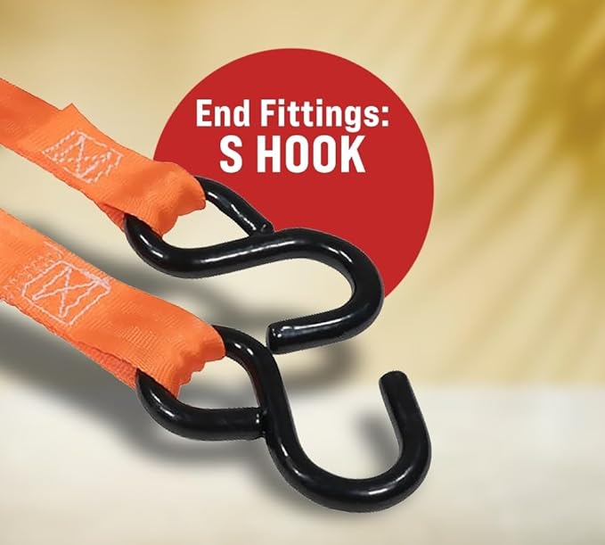 20 Pack Orange Auto Retract NO-RATCHETING Ratchet Straps | 1" x 12' Retractable Ratchet Straps with Zinc Coated S Hook Tiedowns for Motorcycles, ATVs, Bikes, Trailer Tie-Down