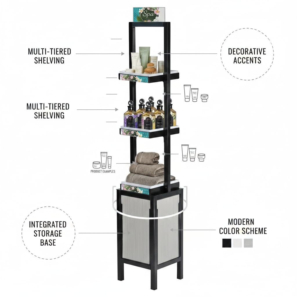 Azar Displays, 655000, Retail Display Tower with 3 Tiers, Tall Cosmetic Shelves, Beauty Display Stand for Salon Retail Products with Signage, No Tools Required, 5 Ft Height, Black Steel