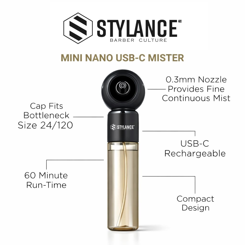 STYLANCE Electric Barber Spray Bottle – Professional Rechargeable Fine Mist Sprayer for Hair Stylists, Salon & Barber Shop, Continuous Nano Atomizer, Matte Black Refillable Design- 120ML