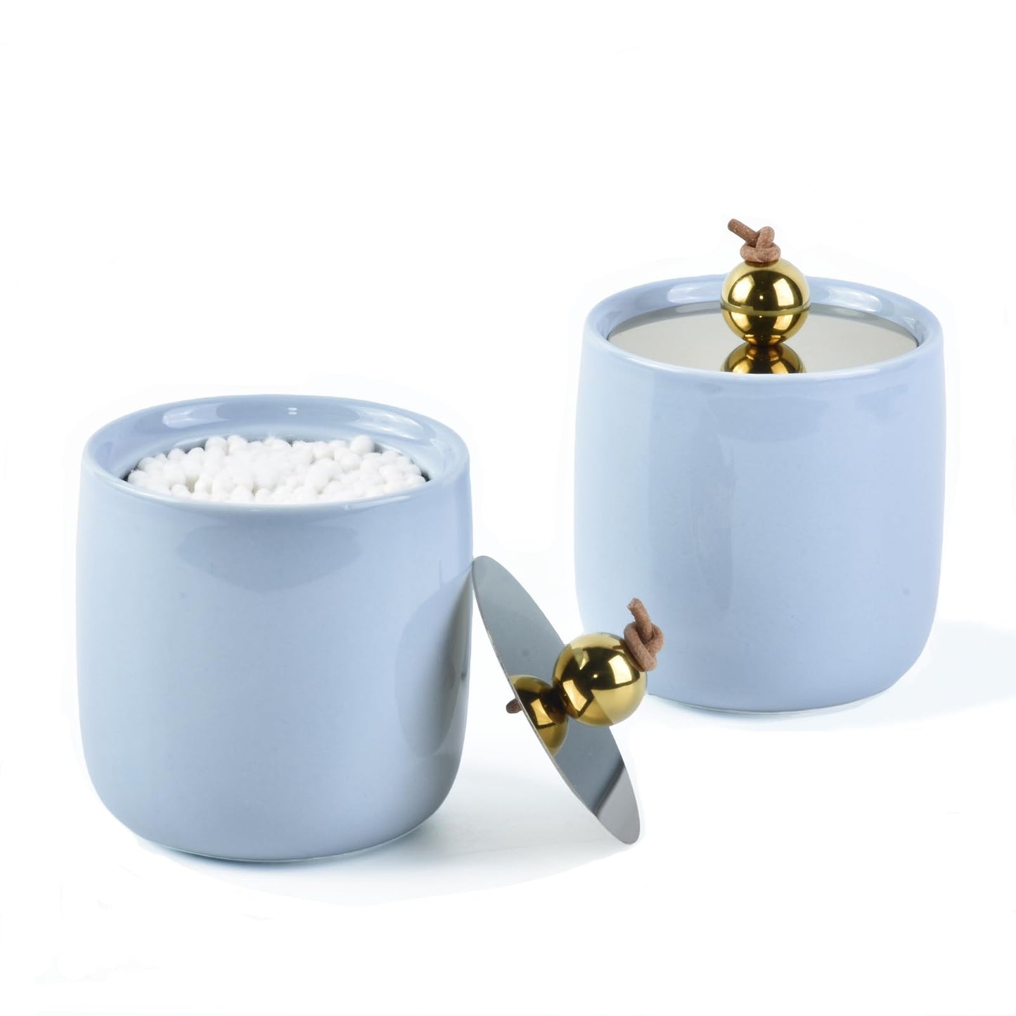 2 Pack Ceramic Qtip Holder Dispenser with Gold Lids, Blue Apothecary Jars Bathroom Vanity Organizer for Home Decor Bathroom Canister for Cotton Swabs, Rounds, Balls, Makeup Sponges, Bath Salts