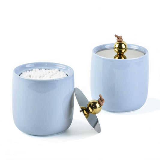 2 Pack Ceramic Qtip Holder Dispenser with Gold Lids, Blue Apothecary Jars Bathroom Vanity Organizer for Home Decor Bathroom Canister for Cotton Swabs, Rounds, Balls, Makeup Sponges, Bath Salts