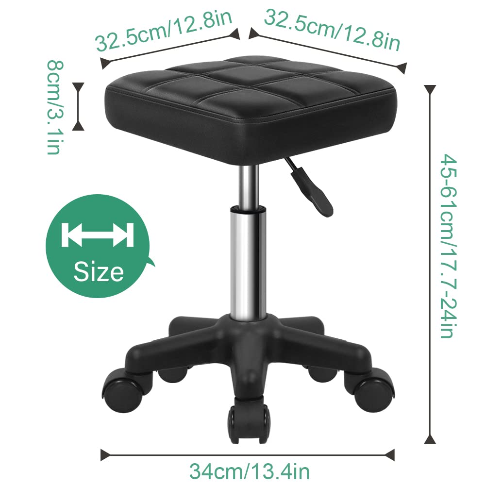 FURWOO Square Swivel Stool with Wheels PU Leather Rolling Stool Height Adjustable for Spa Salon Massage Black