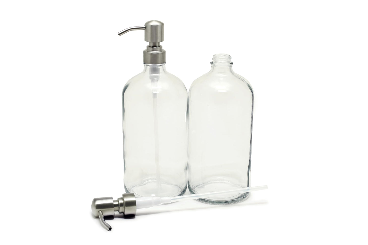 Vivaplex, 2, Large, 32 oz, Empty, Clear Glass Bottles with Stainless Steel, Lotion Pumps