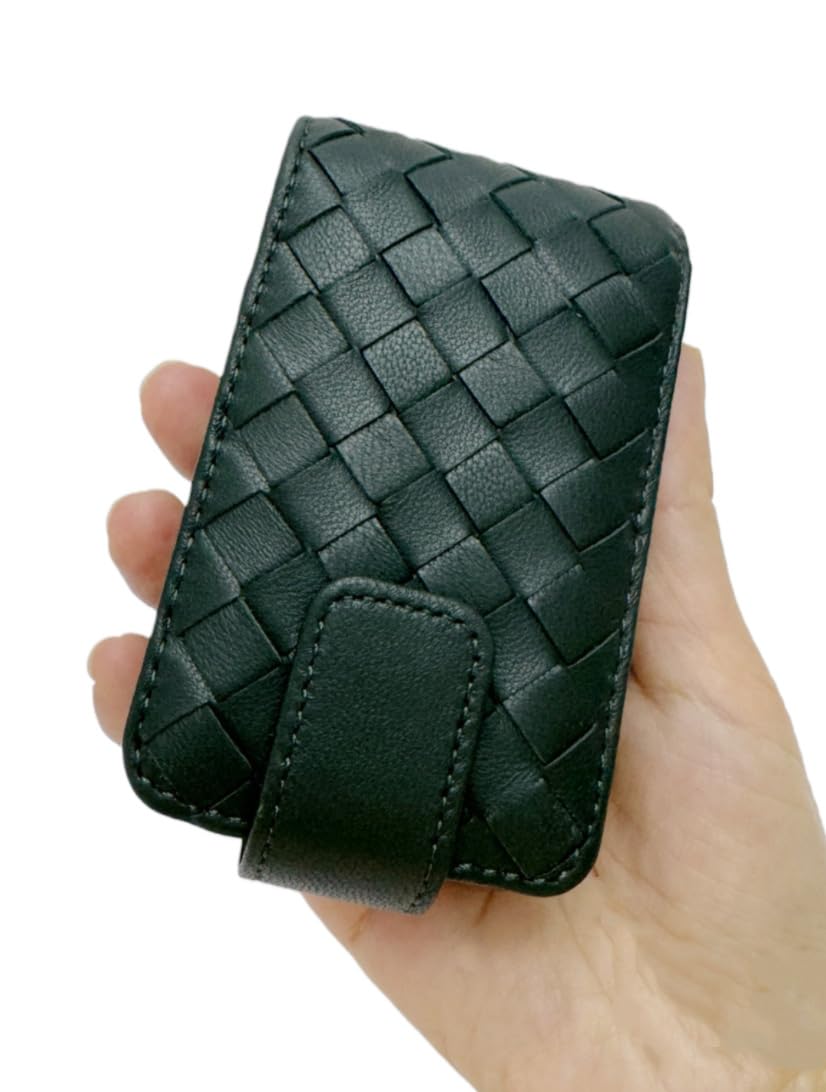 AgentMoon Handheld Lipstick Pouch with Mirror,Genuine Leather Lip Balm Case with Clamshell Magnetic Hidden Clasp and Hook for Chain.Portable Travel Cosmetic Case for Women Gift. (Dark Green Woven)