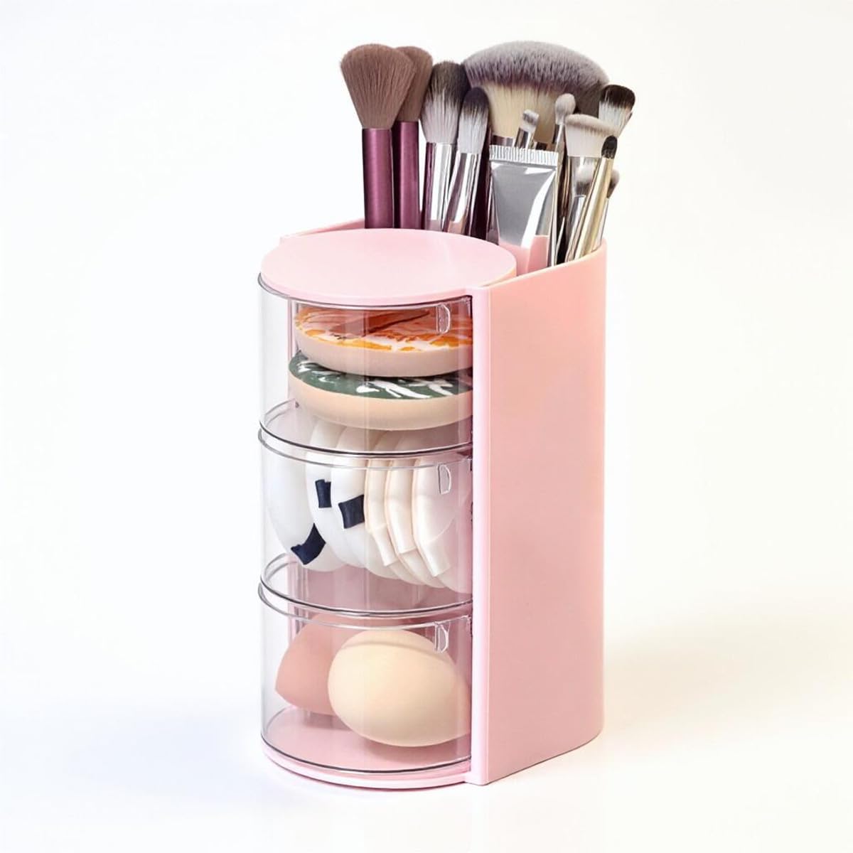 AISIBO 3-Tier Clear Hair Accessories Organizer with Hair Brush Holder, Rotatable Small Jewelry Storage Box for Necklaces, Earring, Ring, Bracelet, Makeup Sponge, Hair Bow Clip (Pink, 3-Layer)