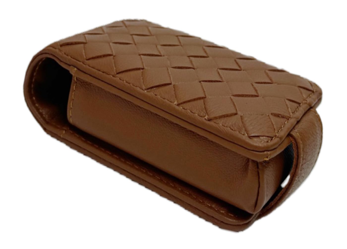 AgentMoon Luxury Handheld Lipstick Pouch with Mirror,Genuine Leather Lip Balm Case with Clamshell Magnetic Hidden Clasp and Hook for Chain.Portable Travel Cosmetic Case for Women.(Light Brown Woven)