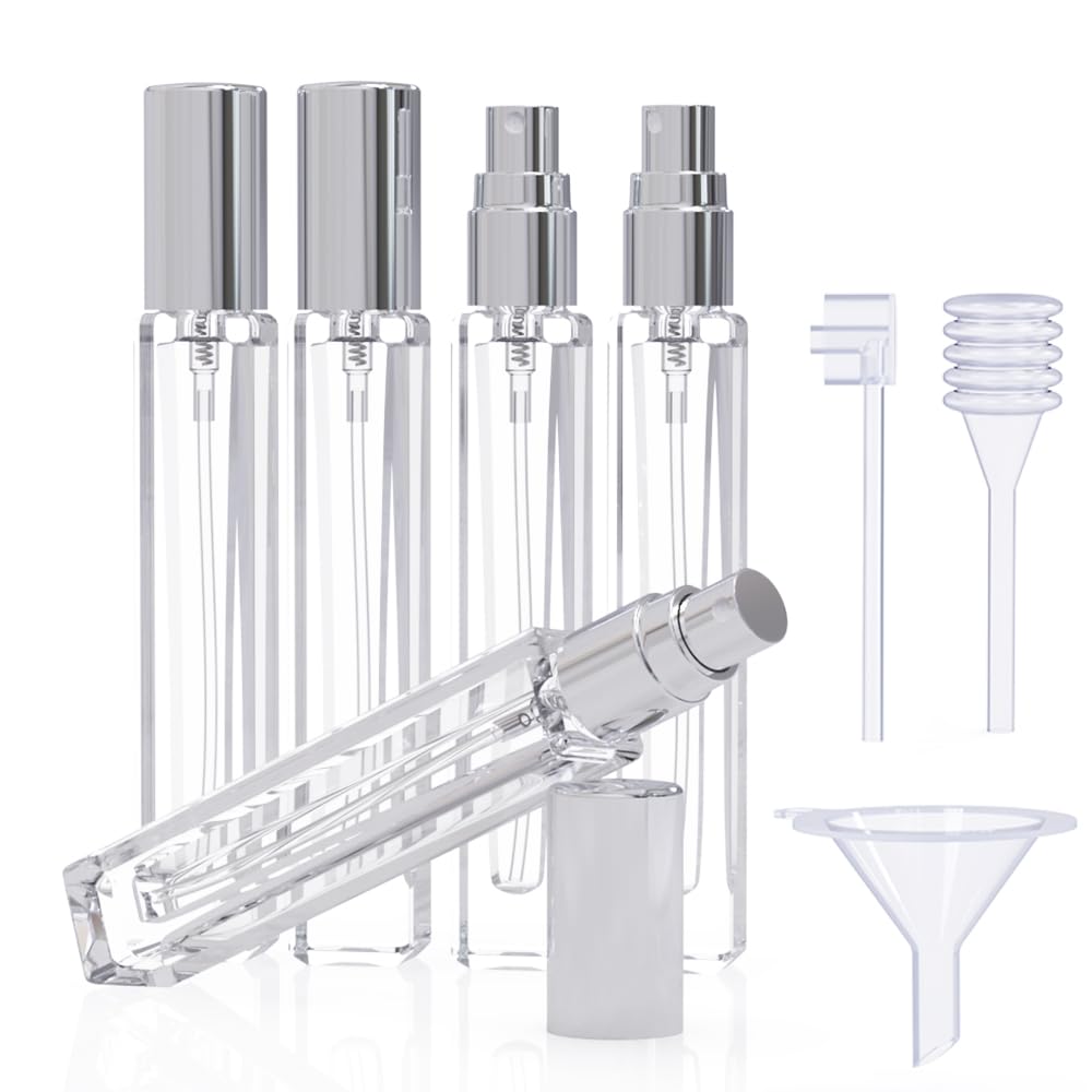 Seafulee 5PCS Cologne Atomizer Empty, 10ML Mini Perfume Bottles Refillable With Dispenser Tools, Pocket Spray Bottle for Travel and Sample Container (Transparent+Silvery Cap)