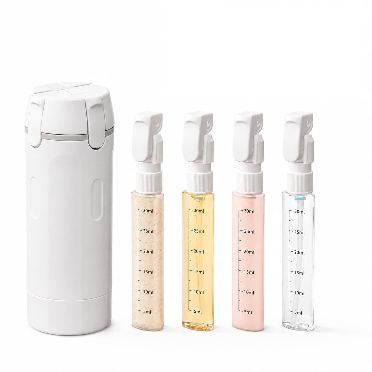 PIQOLA 4 in 1 Travel Dispenser Bottle, Leak Proof Refillable Travel Toiletry Containers for Shampoo Lotion Liquid, TSA Approved Travel Bottles Set for Business Trip Camping, 4 x 30ml, White