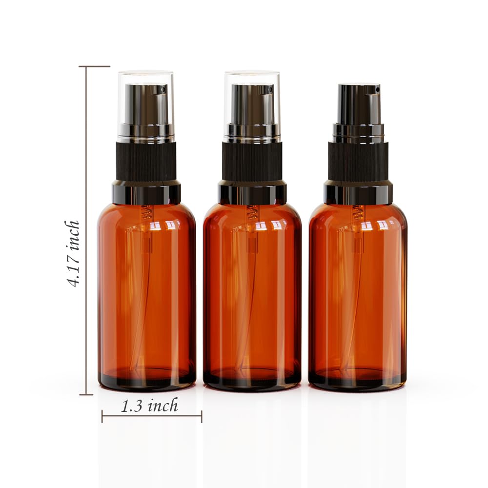 Jagolain 12Pack 1oz Amber Glass Pump Bottles, 30ml with Black Pump, Empty Refillable Travel Small Container For Lotion Cream Essentil Oil Shampoo (1oz)