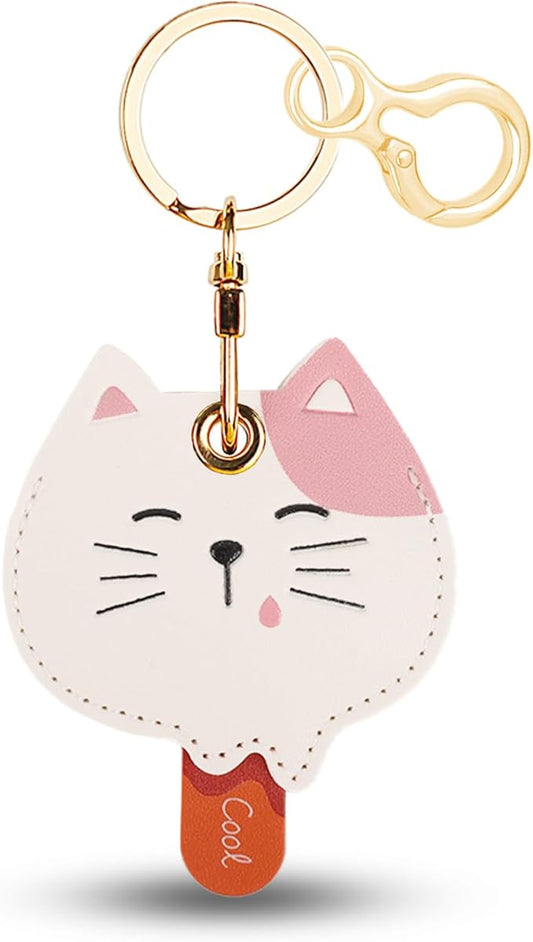 Leather Keychain for Airtag, Cute Protective Keychain Holder Compatible with Apple Air Tag,GPS Item Tracker Case Cover for Keys,Bags,Pets,Luggage(Cat)