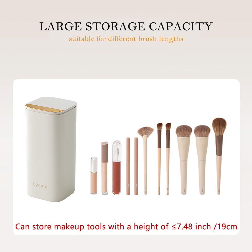 Makeup Brush Holder with Lid, Push Pop-Up Makeup Brush Organizer,4 Slots Makeup Cosmetics Organizerfor Vanity Decor, Bathroom Countertop ,Large Capcity, Dustproof,Waterproof | White and Gold